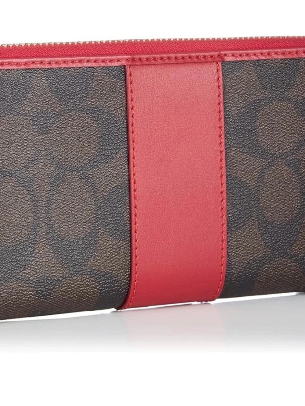 Coach Brown Signature Zip Wallet with Red Trim
